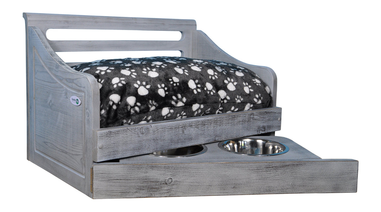 Photo of Iconic Pet-Sassy Paws Multipurpose Wooden Pet Bed with Feeder-Antique Gray-Small-from Pet Wish Pros