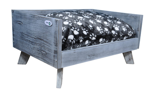 Photo of Iconic Pet-Sassy Paws Raised Wooden Pet Bed with Removable Cushion-Antique Gray-Medium-from Pet Wish Pros