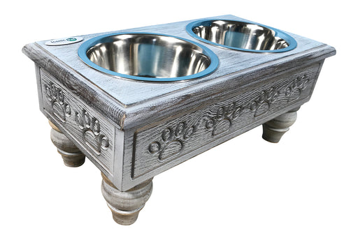 Photo of Iconic Pet-Sassy Paws Raised Wooden Pet Double Diner with Stainless Steel Bowls-Antique Gray-Medium-from Pet Wish Pros