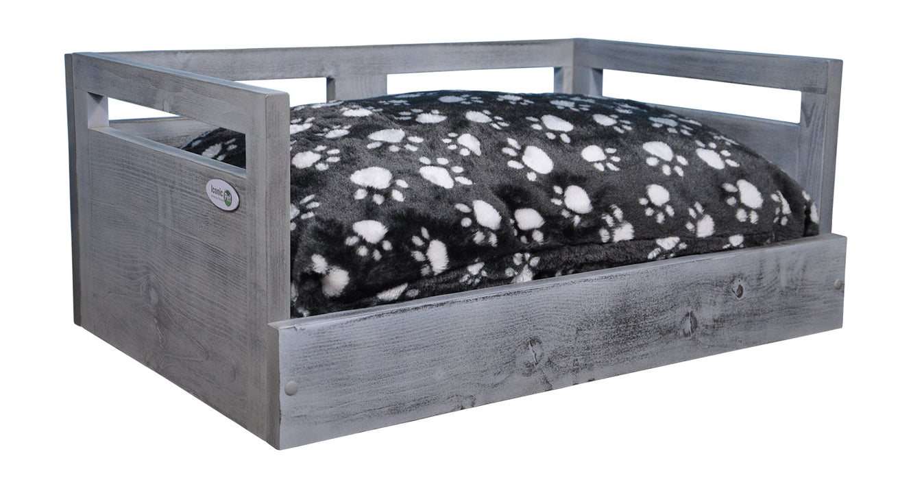 Photo of Iconic Pet-Sassy Paws Wooden Pet Bed with Paw Printed Comfy Cushion-Antique Gray-Small-from Pet Wish Pros