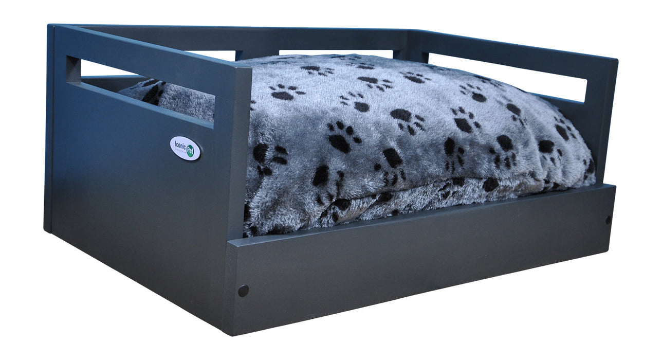 Photo of Iconic Pet-Sassy Paws Wooden Pet Bed with Paw Printed Comfy Cushion-Charcoal Gray-Small-from Pet Wish Pros