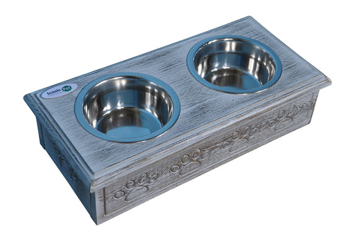 Photo of Iconic Pet-Sassy Paws Wooden Pet Double Diner with Stainless Steel Bowls-Antique Gray-Small-from Pet Wish Pros