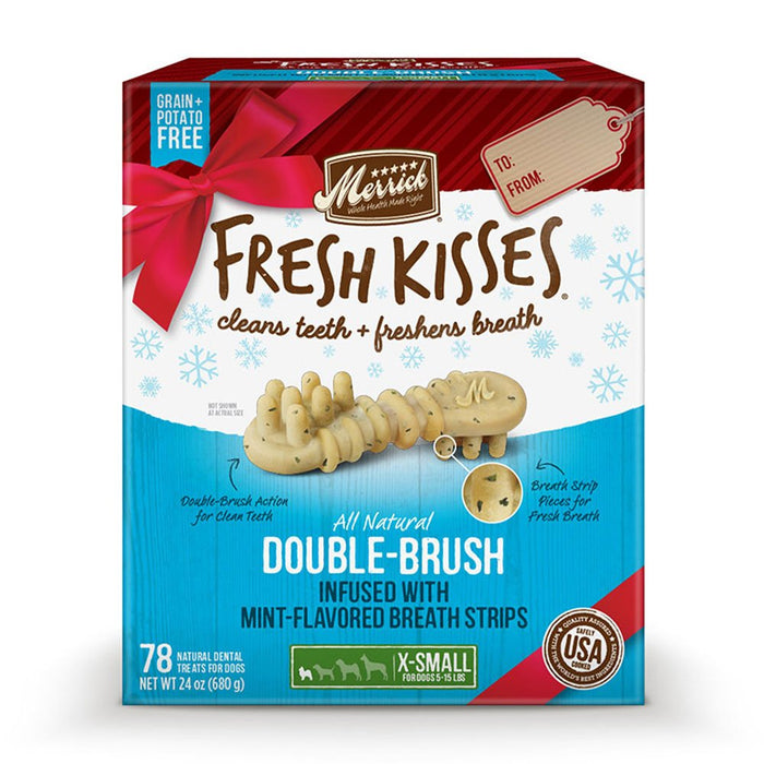 Photo of Merrick Pet Care-Merrick Fresh Kisses Double Brush Infused Dog Treats-Mint Breath Strip-X-Small-78 count-from Pet Wish Pros