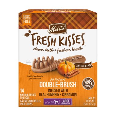 Photo of Merrick Pet Care-Merrick Fresh Kisses Seasonal Pumpkin and Cinnamon Double Brush Dog Treats-Large-14 count-from Pet Wish Pros