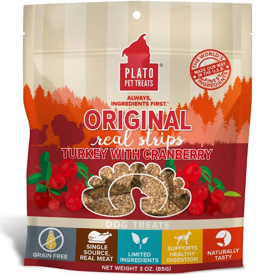 Photo of Plato Pet Treats-Plato Pet Treats Original Grain-Free Real Strips Meat Bar Dog Treat-Turkey with Cranberry-3 oz-from Pet Wish Pros