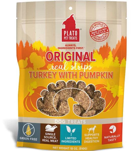 Photo of Plato Pet Treats-Plato Pet Treats Original Grain-Free Real Strips Meat Bar Dog Treat-Turkey with Pumpkin-3 oz-from Pet Wish Pros